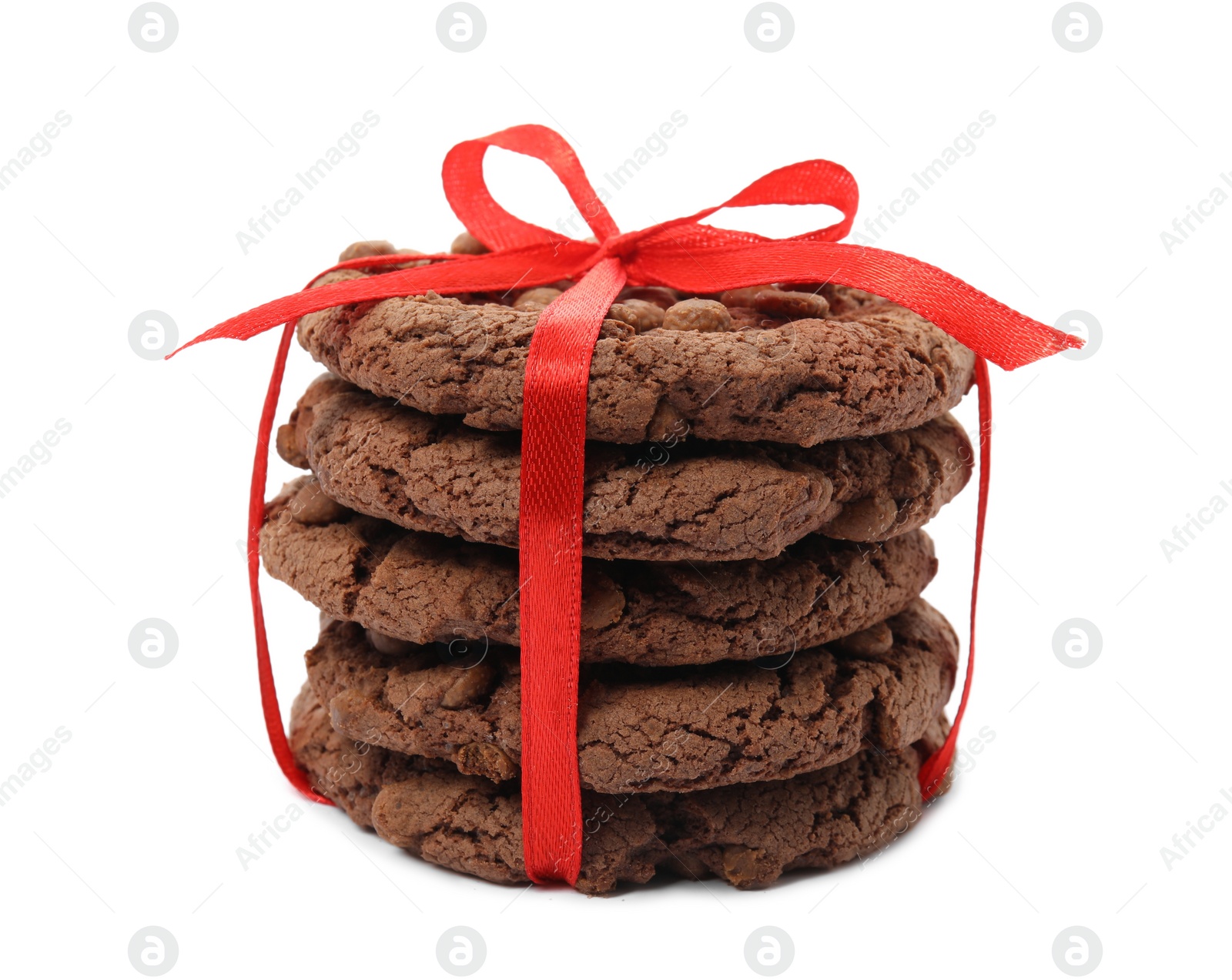 Photo of Tasty homemade chocolate chip cookies tied with red ribbon isolated on white