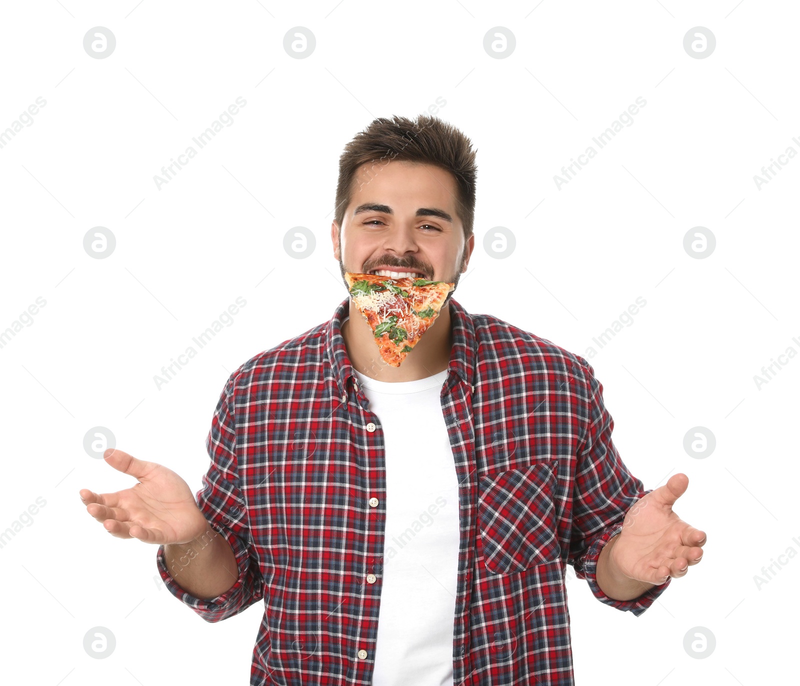 Photo of Handsome man with pizza isolated on white