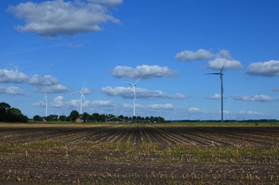 Photo of Wind farm in field on sunny autumn day. Alternative energy source
