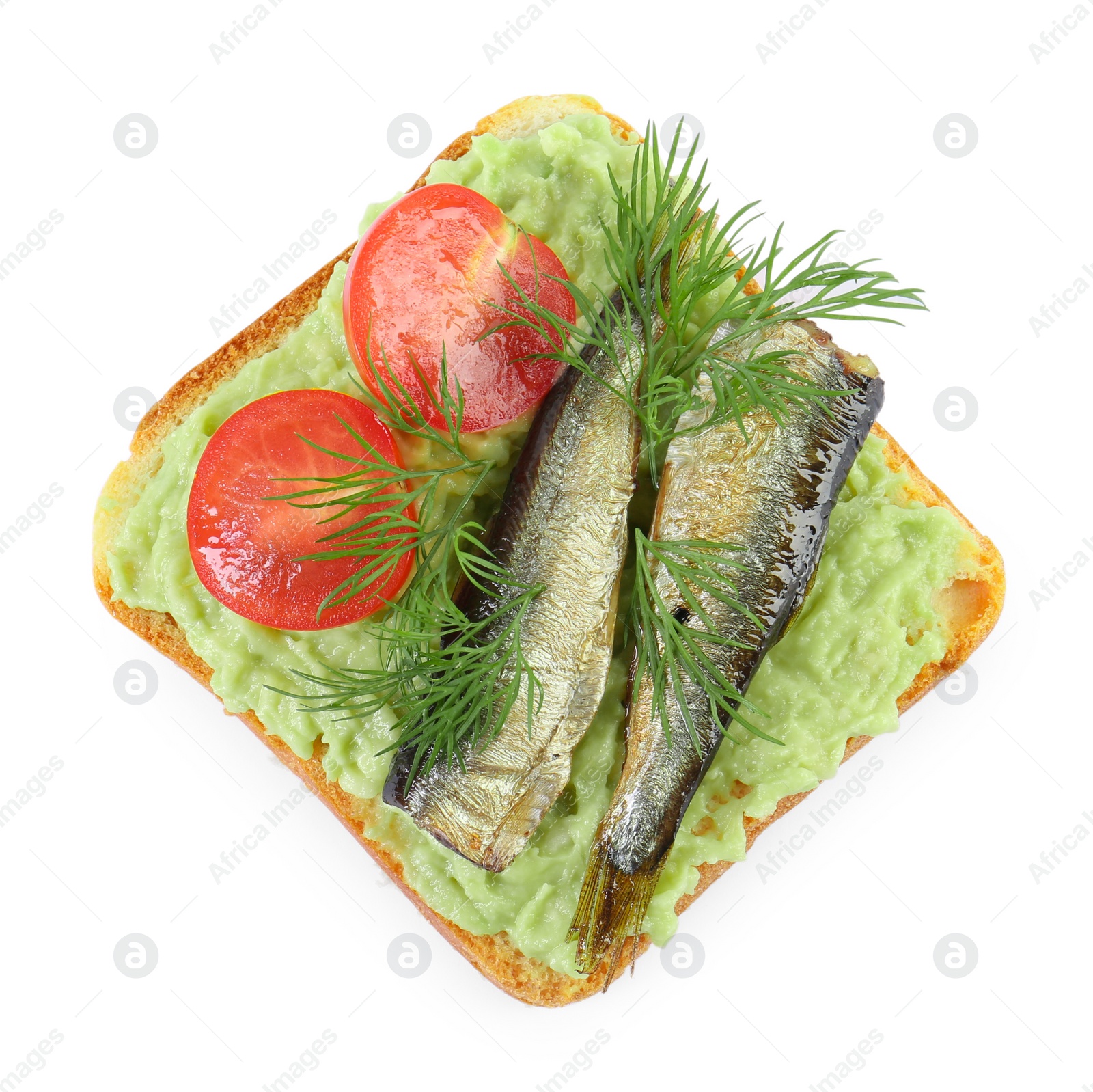 Delicious sandwich with sprats, tomatoes, dill and avocado puree isolated on white Photo of Delicious sandwich with sprats, tomatoes, dill and avocado puree isolated on white