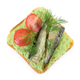 Photo of Delicious sandwich with sprats, tomatoes, dill and avocado puree isolated on white