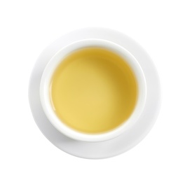 Cup of freshly brewed oolong tea on white background, top view