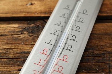 Photo of Modern weather thermometer on wooden background, closeup