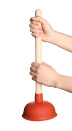 Photo of Woman holding plunger on white background, closeup. Toilet cleaning tool