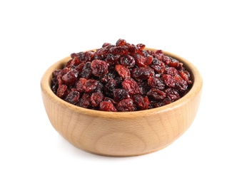 Photo of Bowl with cranberries on white background. Dried fruit as healthy snack