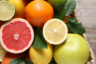 Different cut and whole citrus fruits on table, top view