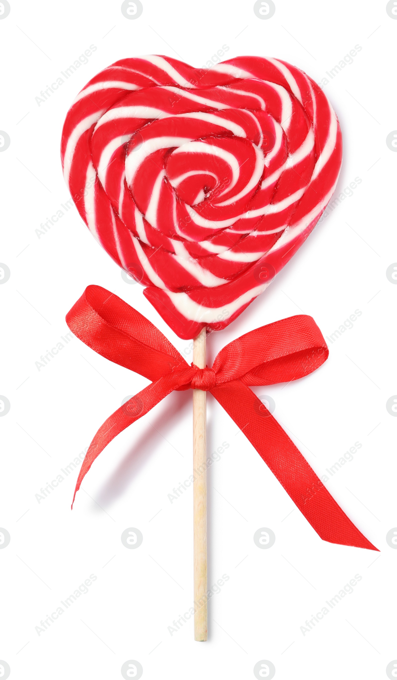 Photo of Sweet heart shaped lollipop isolated on white, top view. Valentine's day celebration