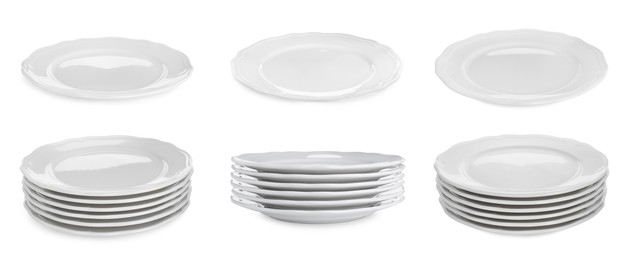 Image of Collage of ceramic plates on white background