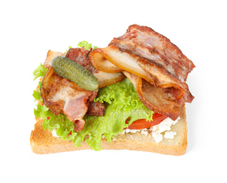 Tasty sandwich with bacon isolated on white