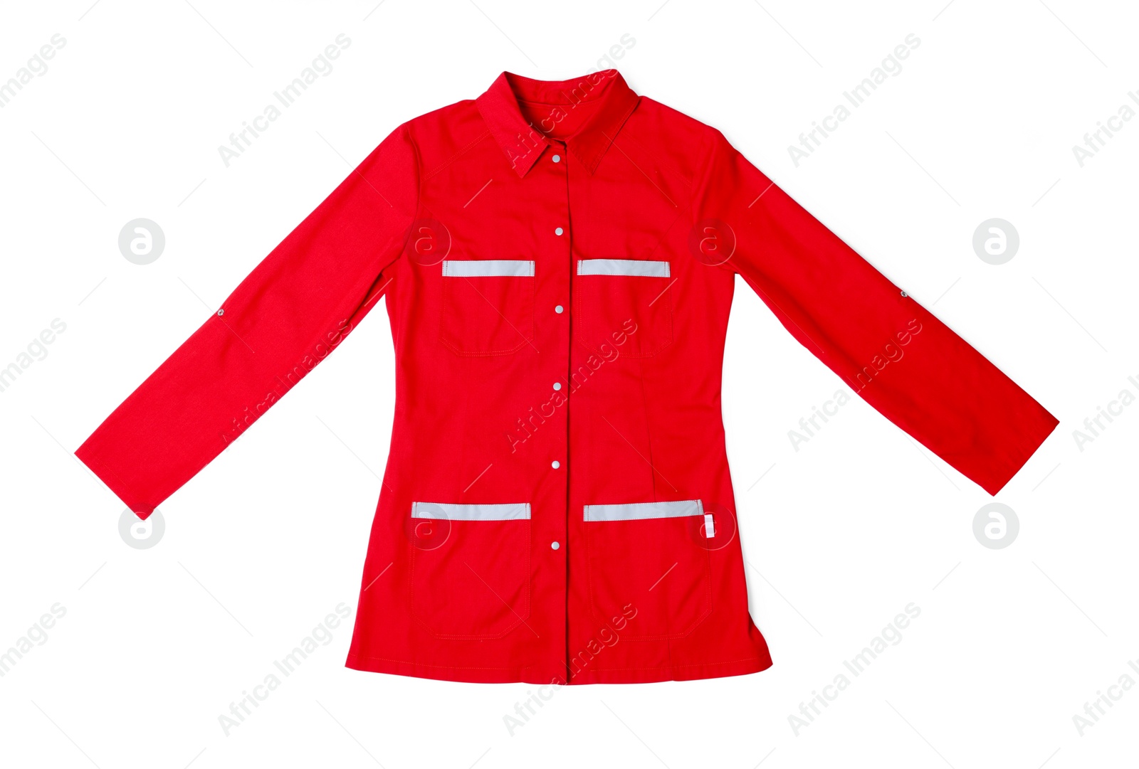 Photo of Red medical uniform isolated on white, top view