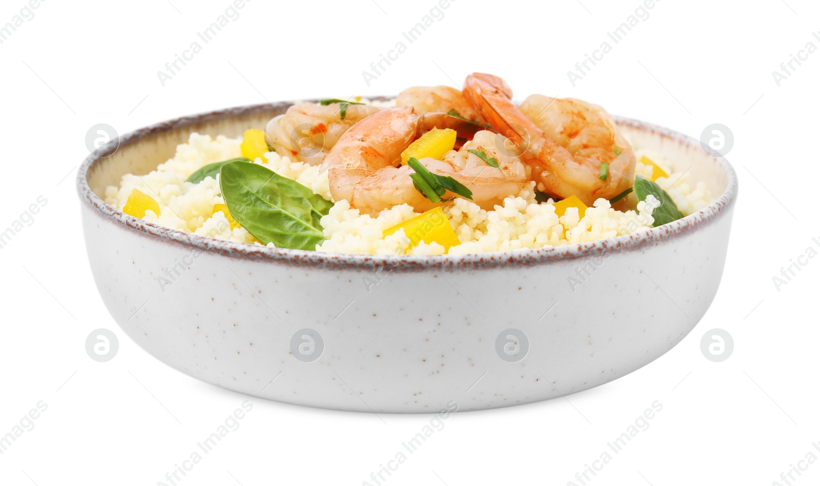 Photo of Plate of tasty couscous with shrimps, bell pepper and basil on white background