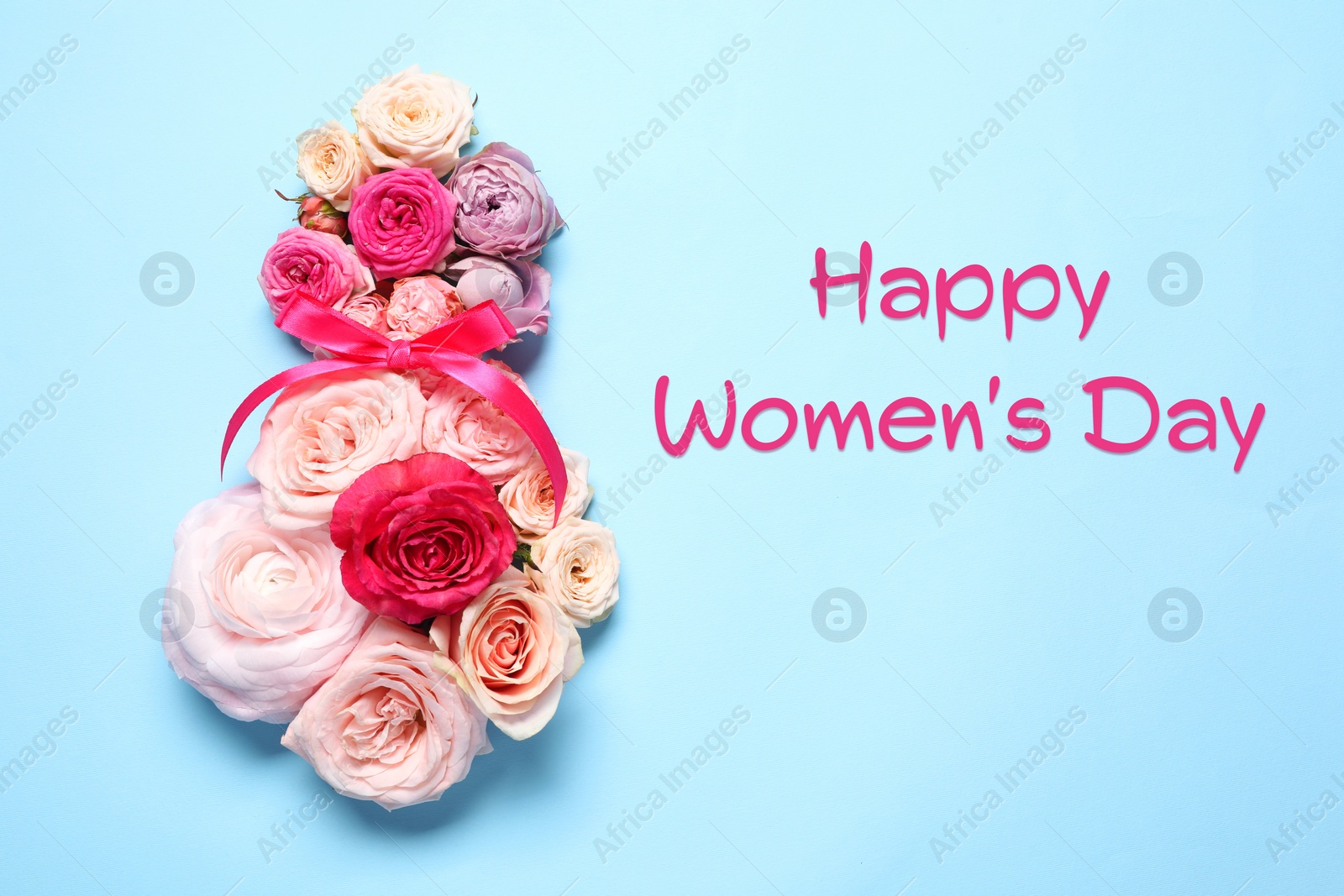 Image of 8 March - Happy International Women's Day. Greeting card design with different flowers on light blue background, top view