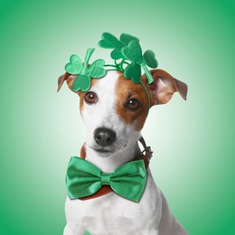 Image of St. Patrick's day celebration. Cute Jack Russell terrier wearing headband with clover leaves and bow tie on green background