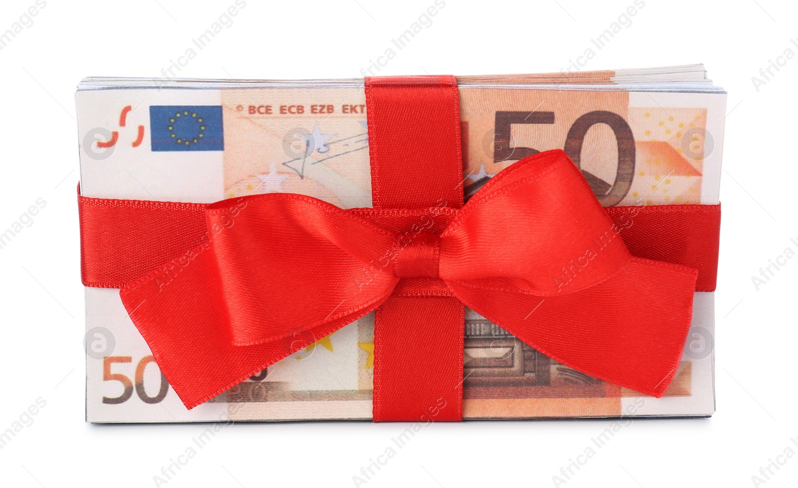 Photo of Euro banknotes tied with red ribbon isolated on white. Money and finance