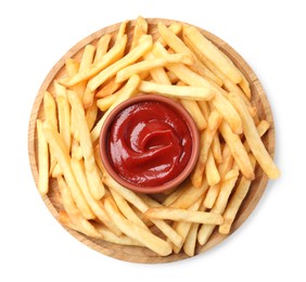 Photo of Wooden plate of delicious french fries with ketchup on white background, top view