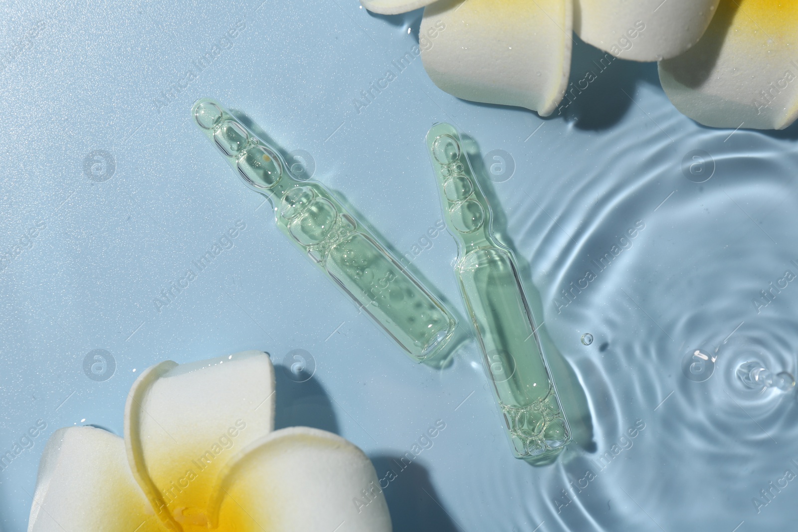 Photo of Skincare ampoules and beautiful plumeria flowers in water on light blue background, flat lay