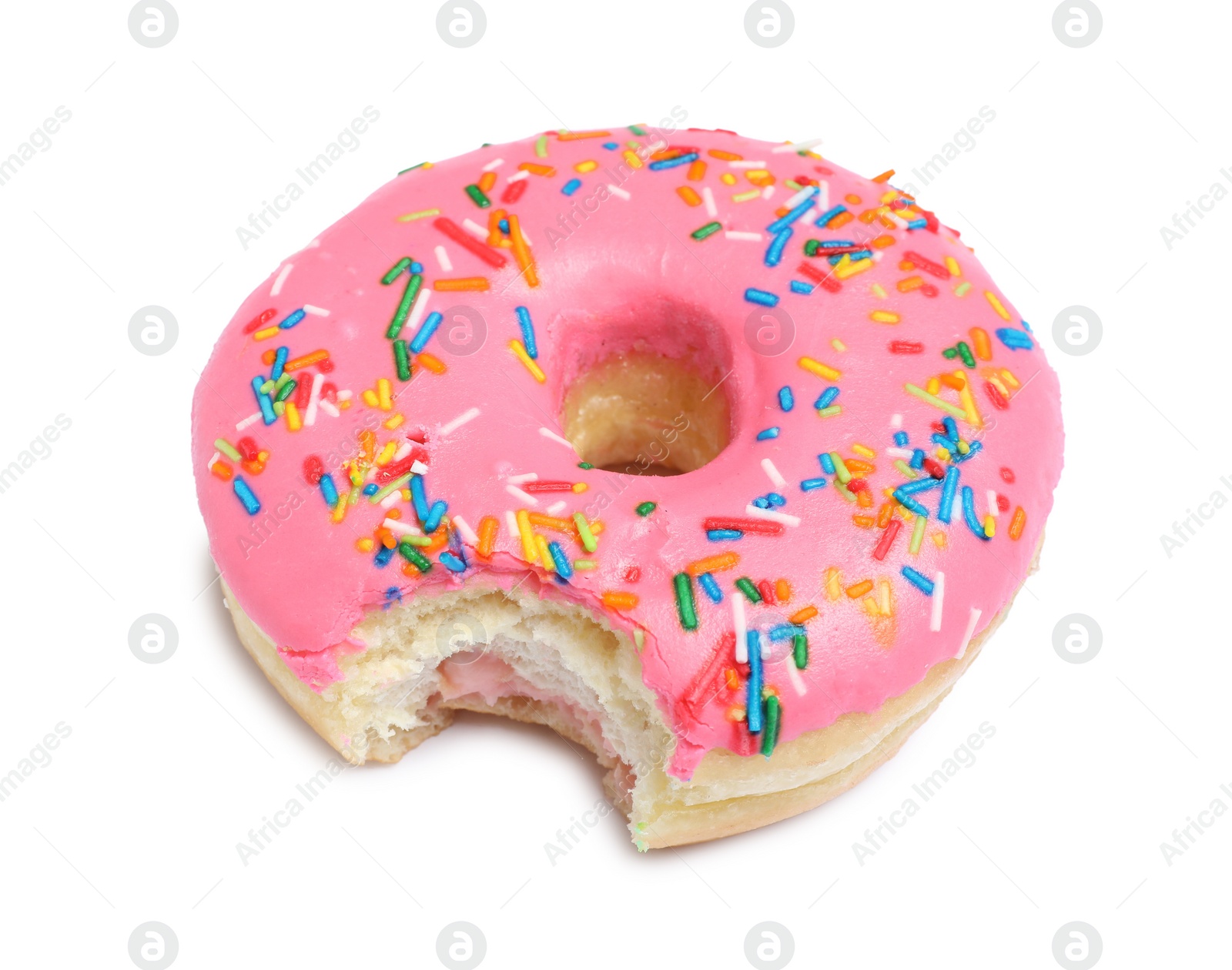 Photo of Sweet bitten glazed donut decorated with sprinkles isolated on white