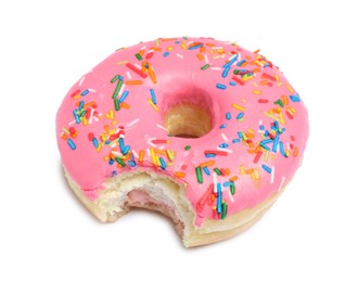 Photo of Sweet bitten glazed donut decorated with sprinkles isolated on white