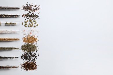 Photo of Test tubes with various spices on white background, flat lay. Space for text