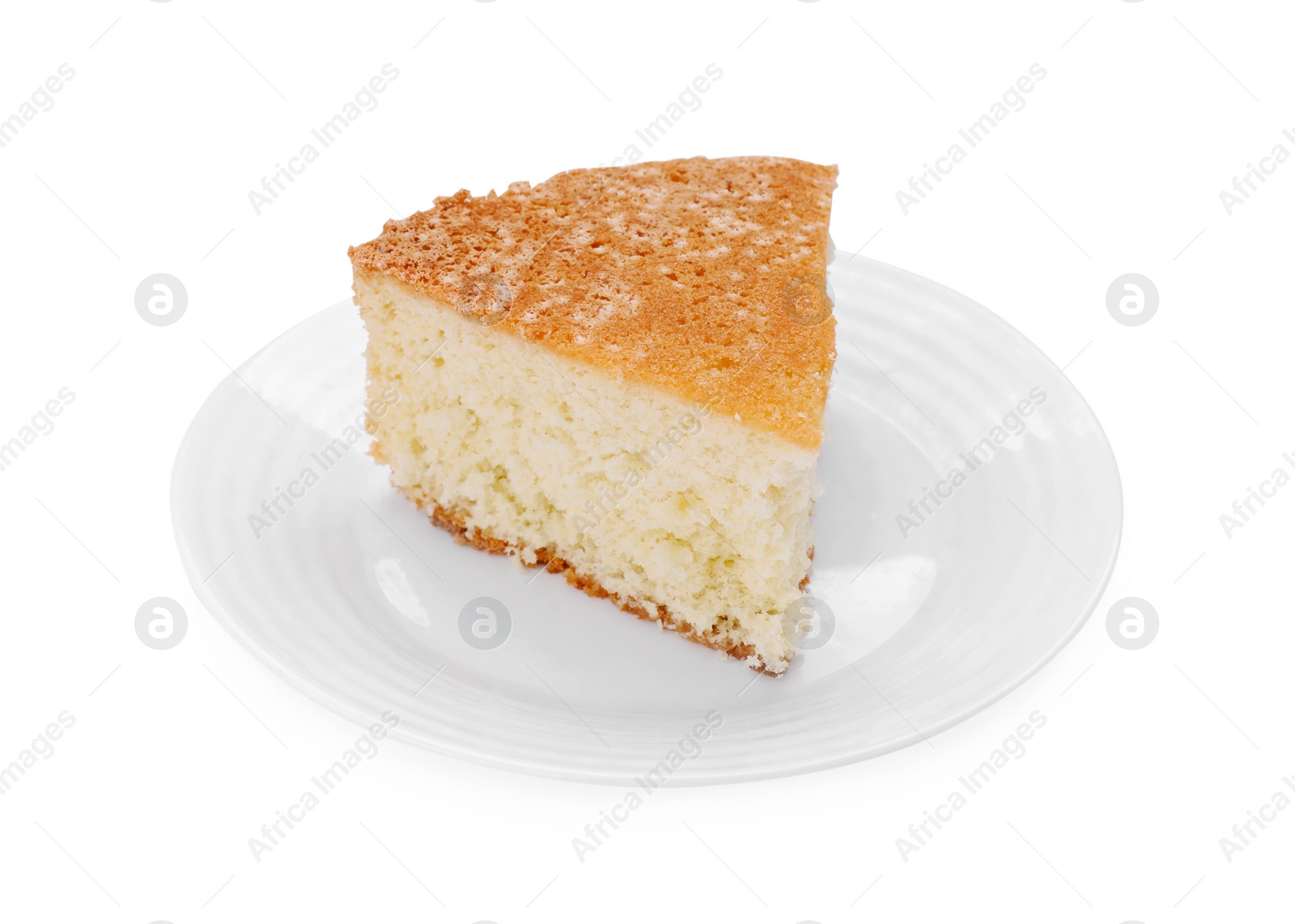 Photo of Plate with piece of tasty sponge cake isolated on white