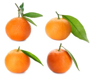 Image of Set with fresh ripe tangerines on white background