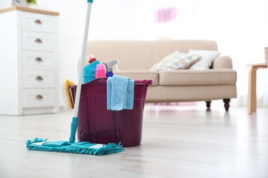 Mop and detergents on floor in living room, space for text. Cleaning service