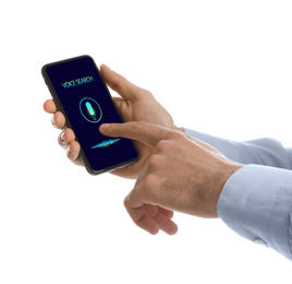 Image of Man using voice search on smartphone against white background, closeup