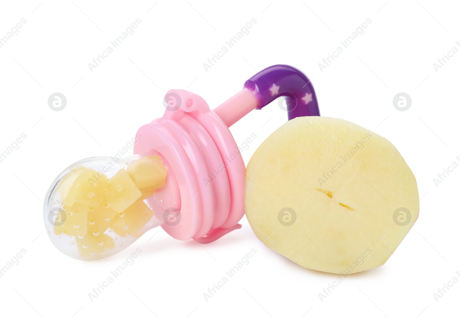 Photo of Nibbler with boiled potato on white background. Baby feeder