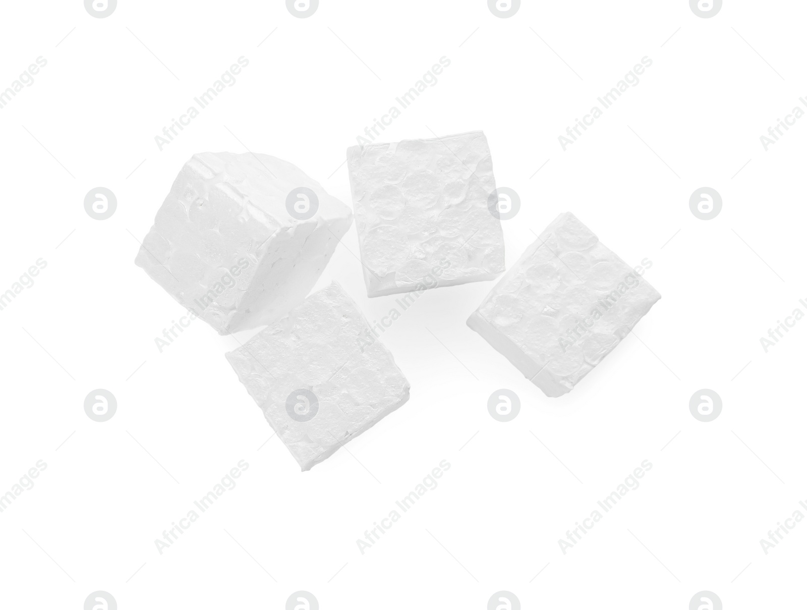 Photo of Styrofoam cubes on white background, top view