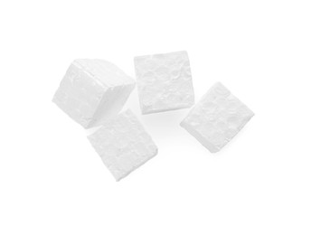 Styrofoam cubes on white background, top view