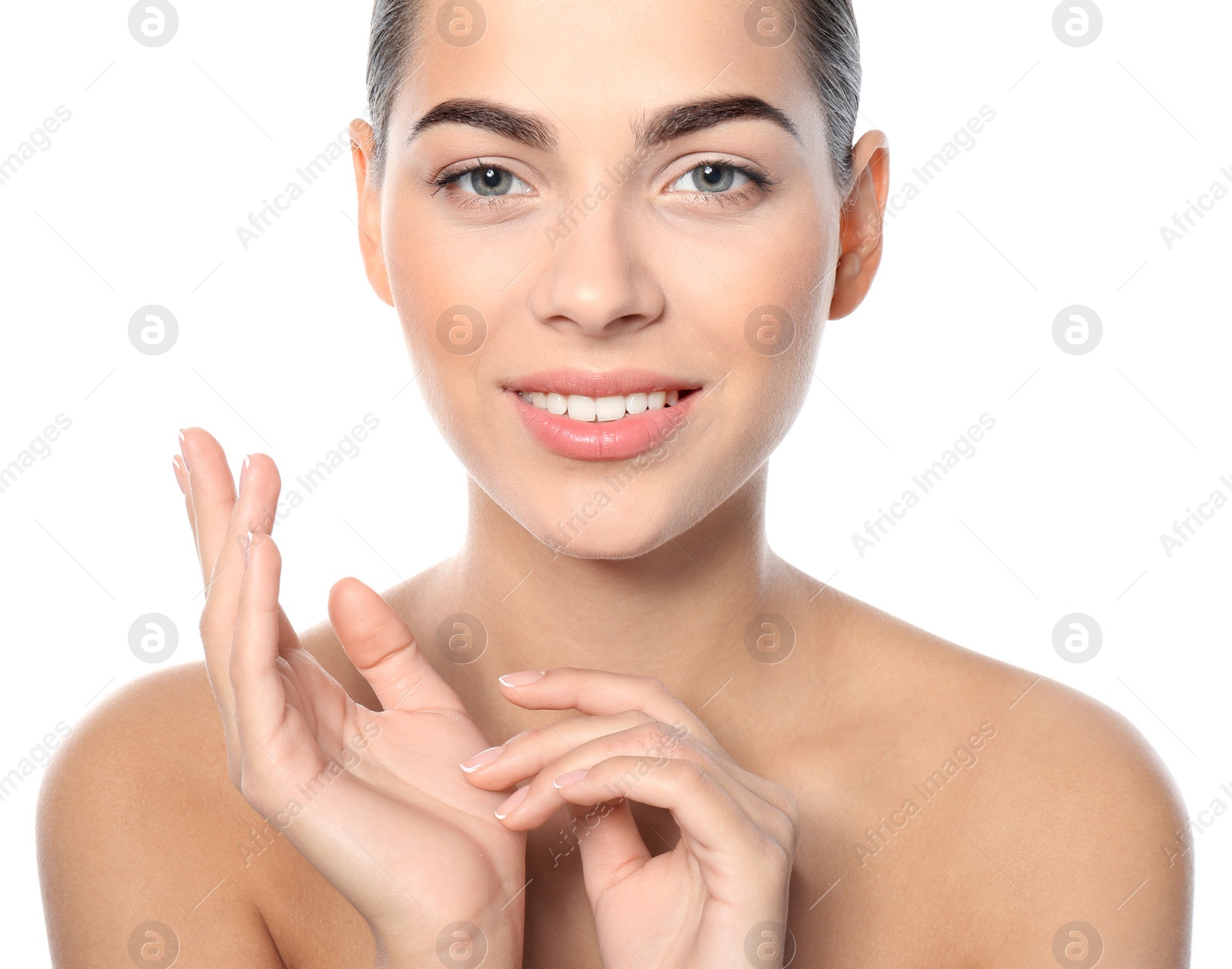 Photo of Portrait of beautiful young woman on white background. Lips contouring, skin care and cosmetic surgery concept