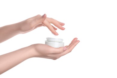 Photo of Woman with jar of cream isolated on white, closeup