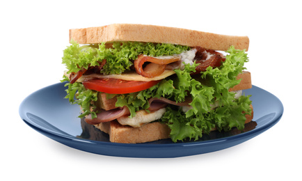 Photo of Yummy sandwich with bacon and chicken isolated on white