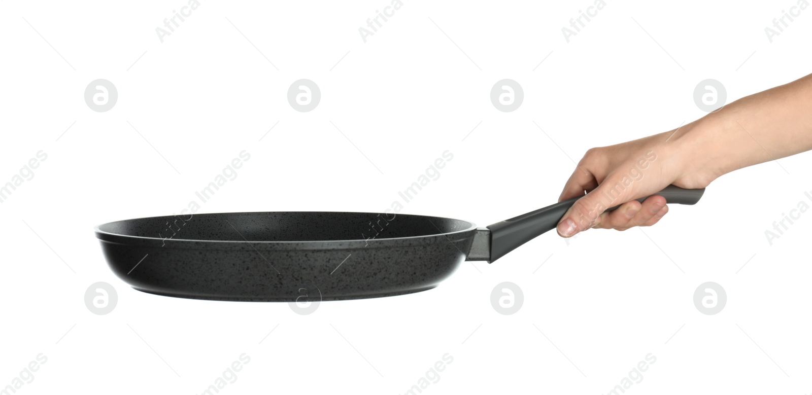 Photo of Woman holding new clean frying pan on white background