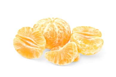 Photo of Fresh juicy peeled tangerines on white background