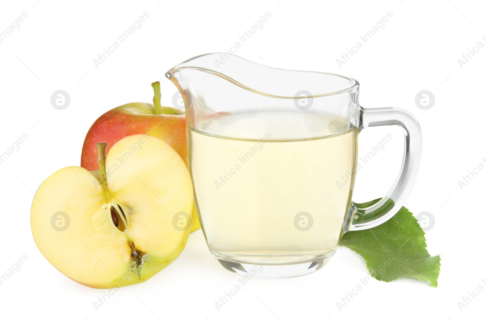 Photo of Natural apple vinegar and fresh fruits on white background