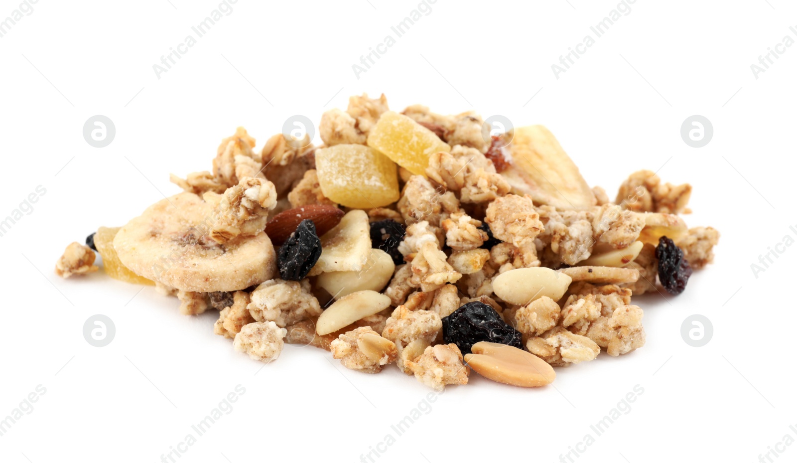 Image of Heap of tasty crispy granola on white background