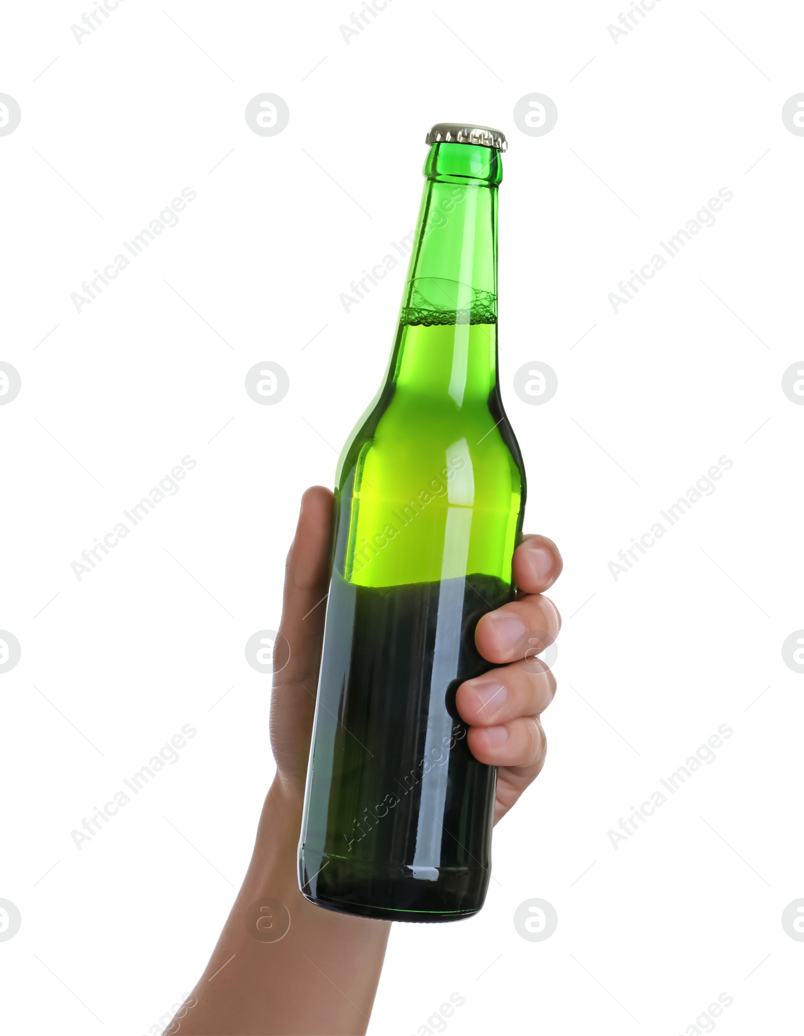 Photo of Man holding green bottle with beer on white background, closeup