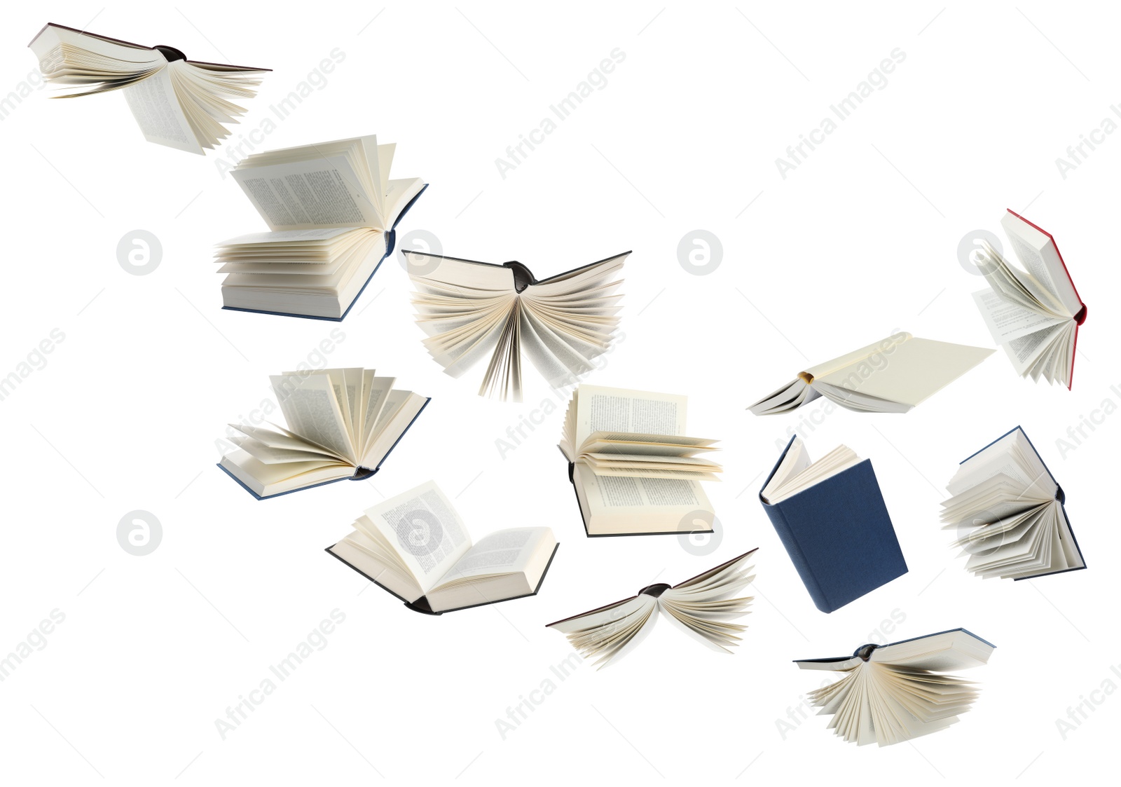 Image of Many hardcover books flying on white background