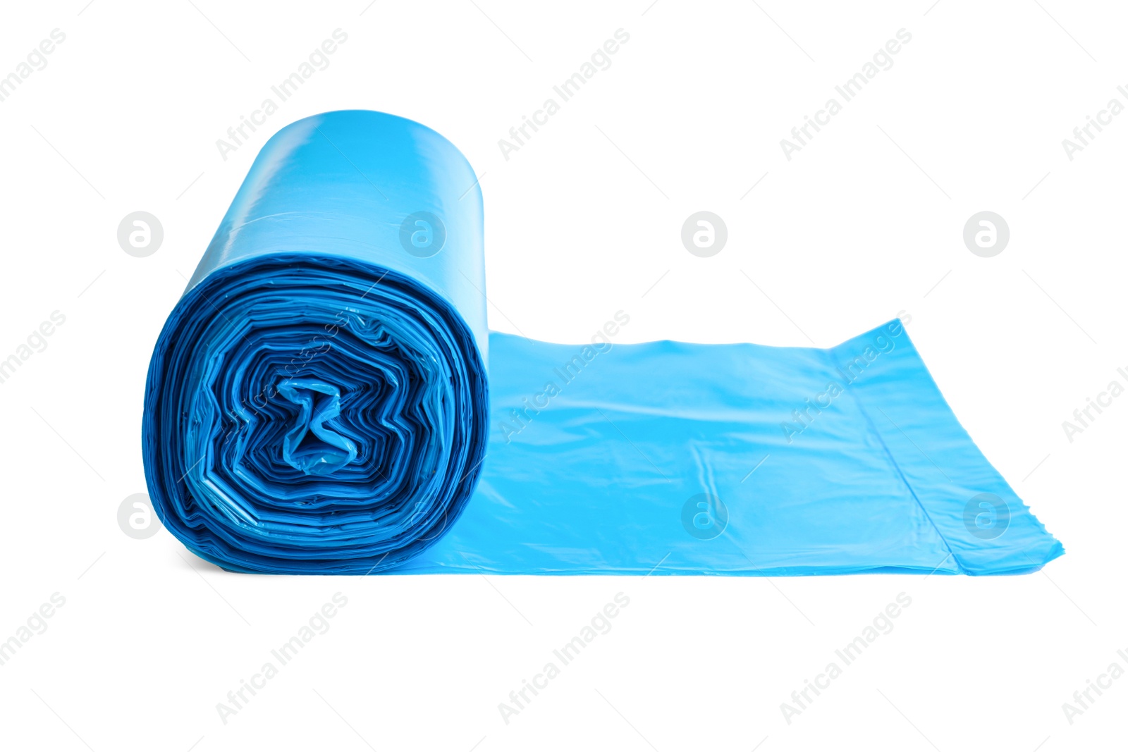 Photo of Roll of turquoise garbage bags on white background. Cleaning supplies