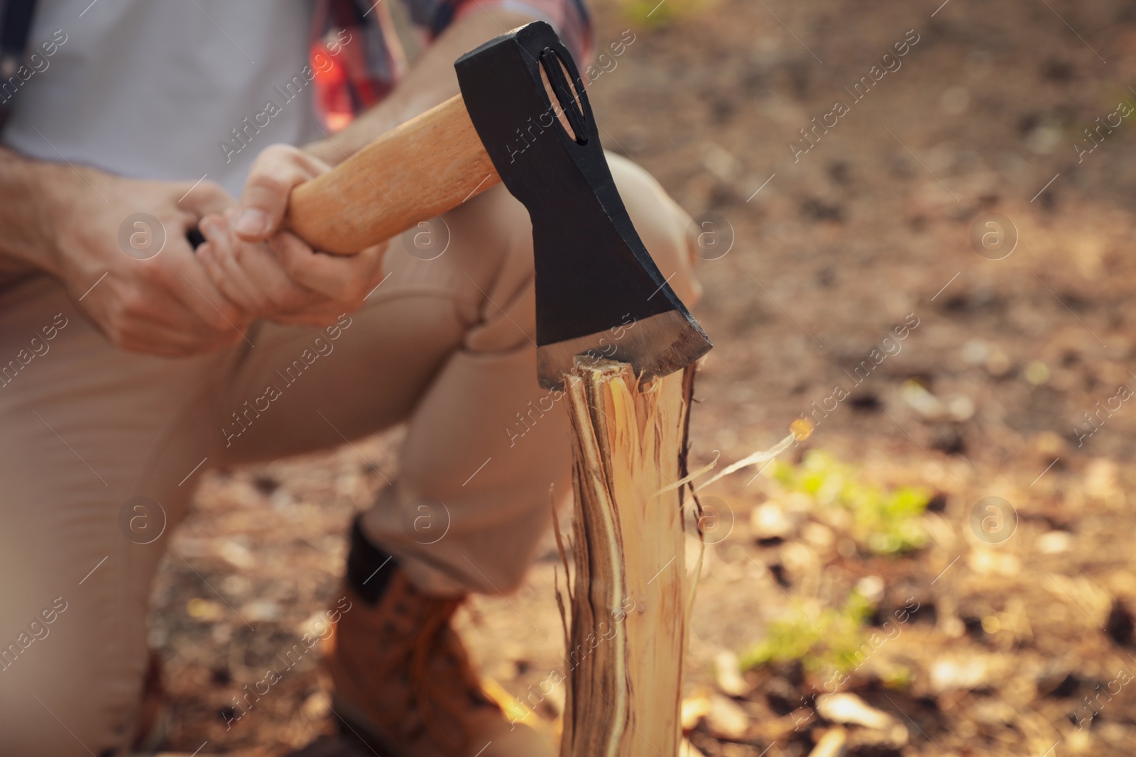 Photo of Man chopping firewood with axe in forest, closeup