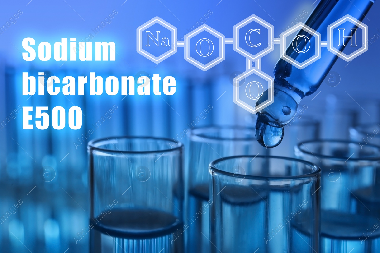 Image of Text Sodium bicarbonate E500 with soda formula and test tubes on background