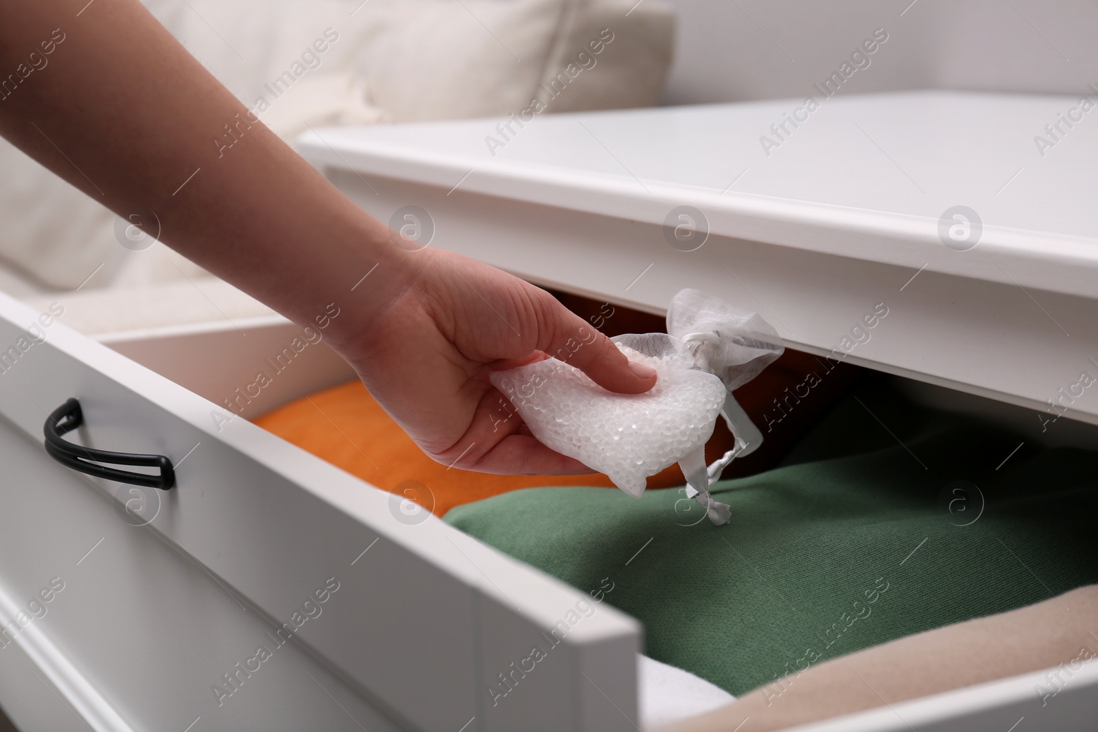 Photo of Woman putting scented sachet into drawer with clothes, closeup