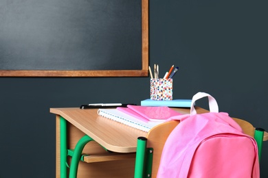 Photo of Wooden school desk with stationery and backpack near blackboard on grey wall