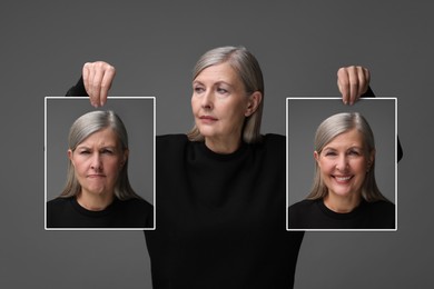Image of Mature woman holding her photo portraits showing different emotions on grey background. Balanced personality