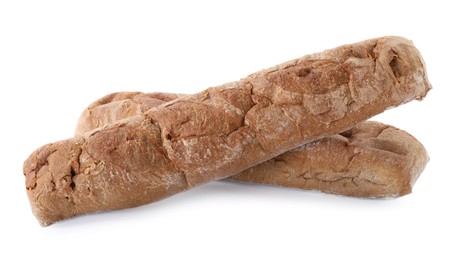 Photo of Tasty rye baguettes on white background. Fresh bread