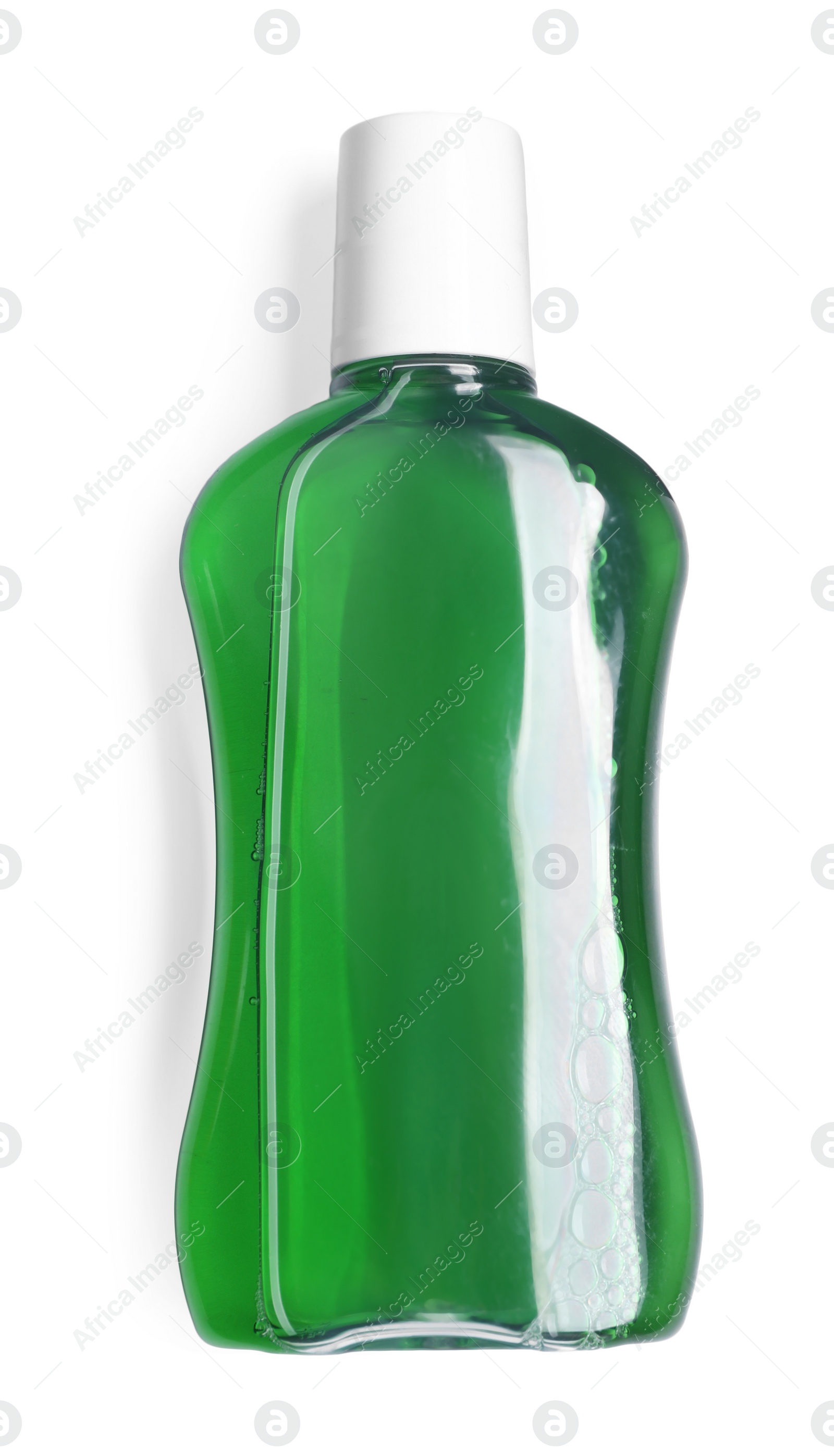Photo of Fresh mouthwash in bottle isolated on white, top view