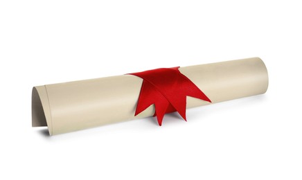 Image of Rolled student's diploma with red ribbon isolated on white