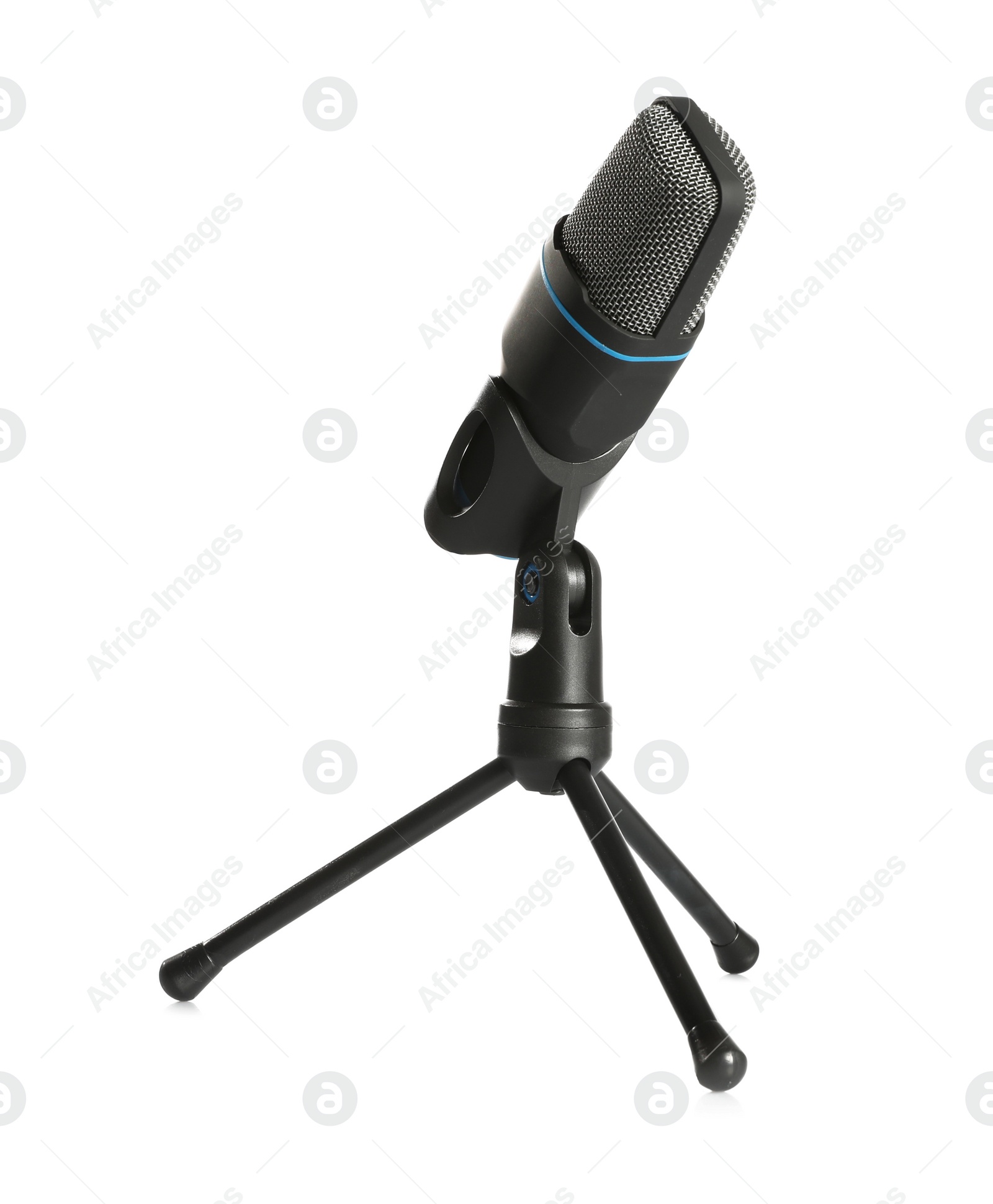 Photo of Modern microphone isolated on white. Journalist's equipment