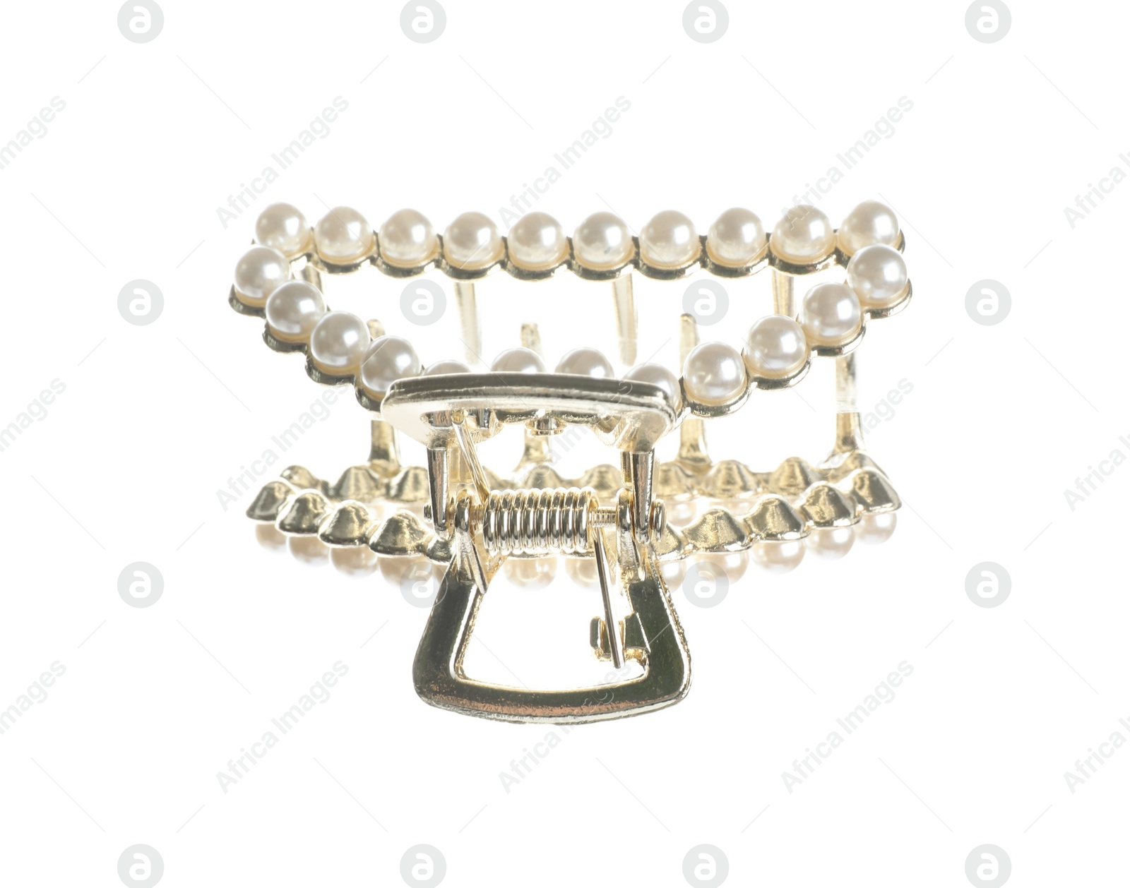 Photo of Stylish hair claw with pearls isolated on white